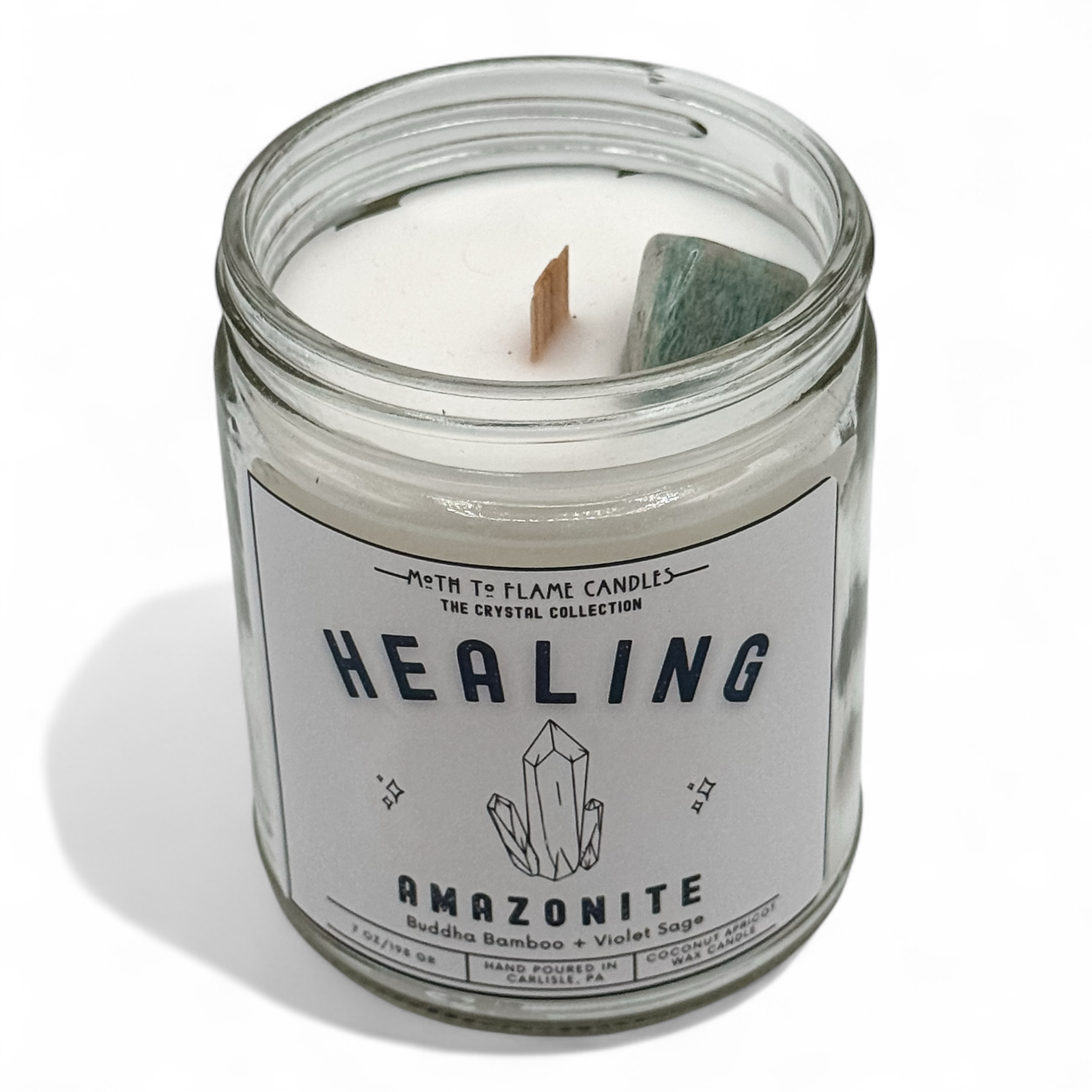 Healing candle ingredients and details - 7 oz coconut apricot wax blend with amazonite crystal, sage scent, and wooden wick for healing meditation
