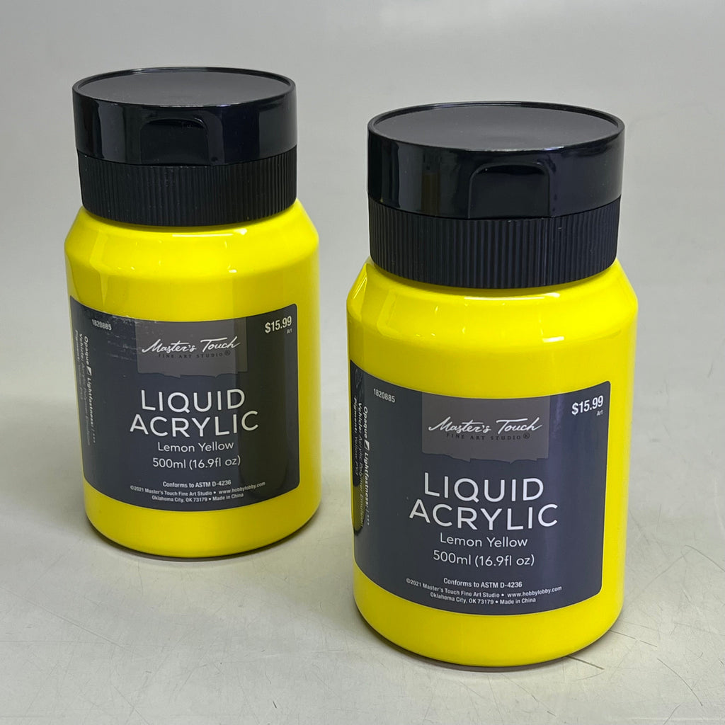 Two bottles of Master's Touch Liquid Acrylic Paint in Lemon Yellow 16.9 fl oz on gray background - 2 pack artist paint