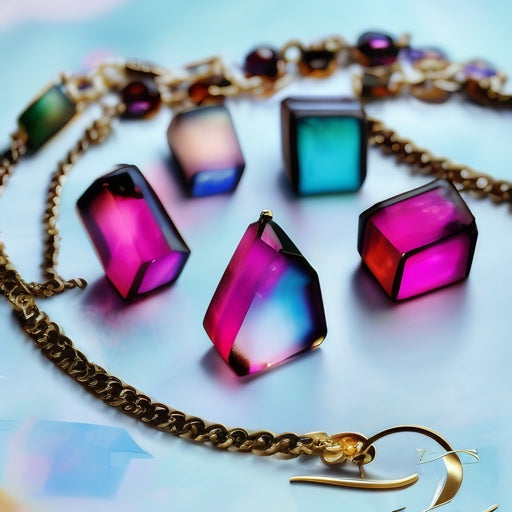 Colorful epoxy resin gemstone pendants on a gold chain against a light blue background
