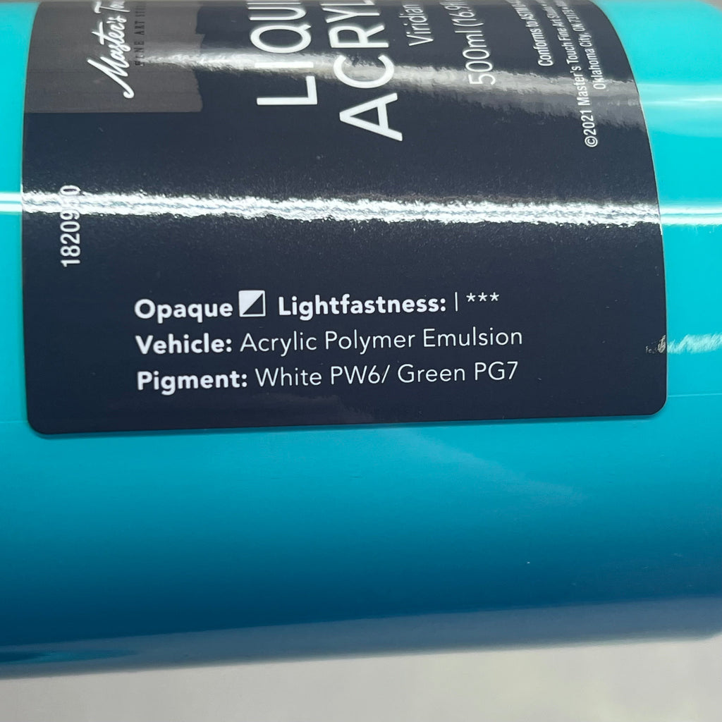Close-up of Master's Touch Viridian acrylic paint label showing technical details and product information on blue-green background - paint specifications