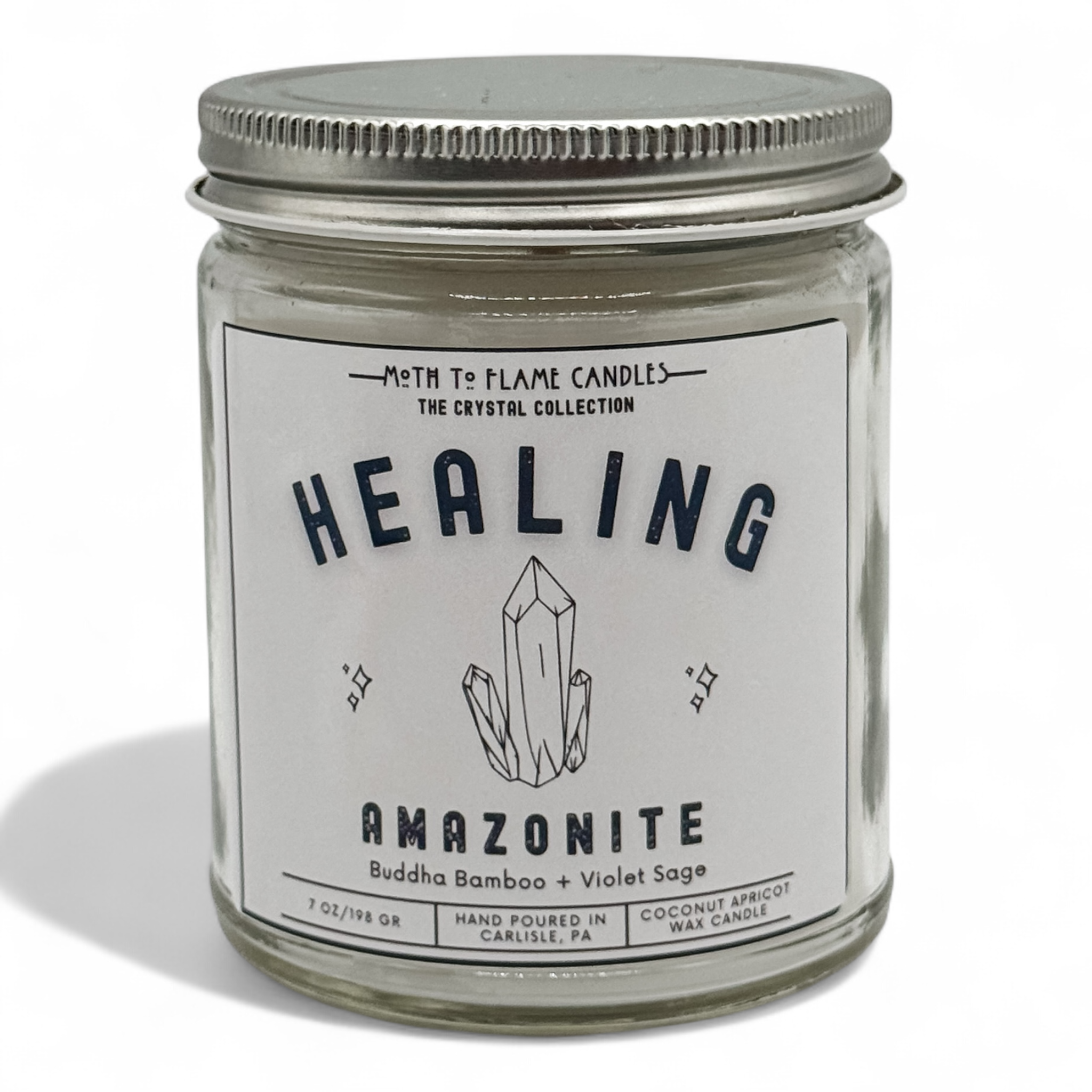 Healing intention candle by Moth to Flame - 7 oz white candle with wooden wick, amazonite gemstone, and sage scent for physical emotional and spiritual restoration