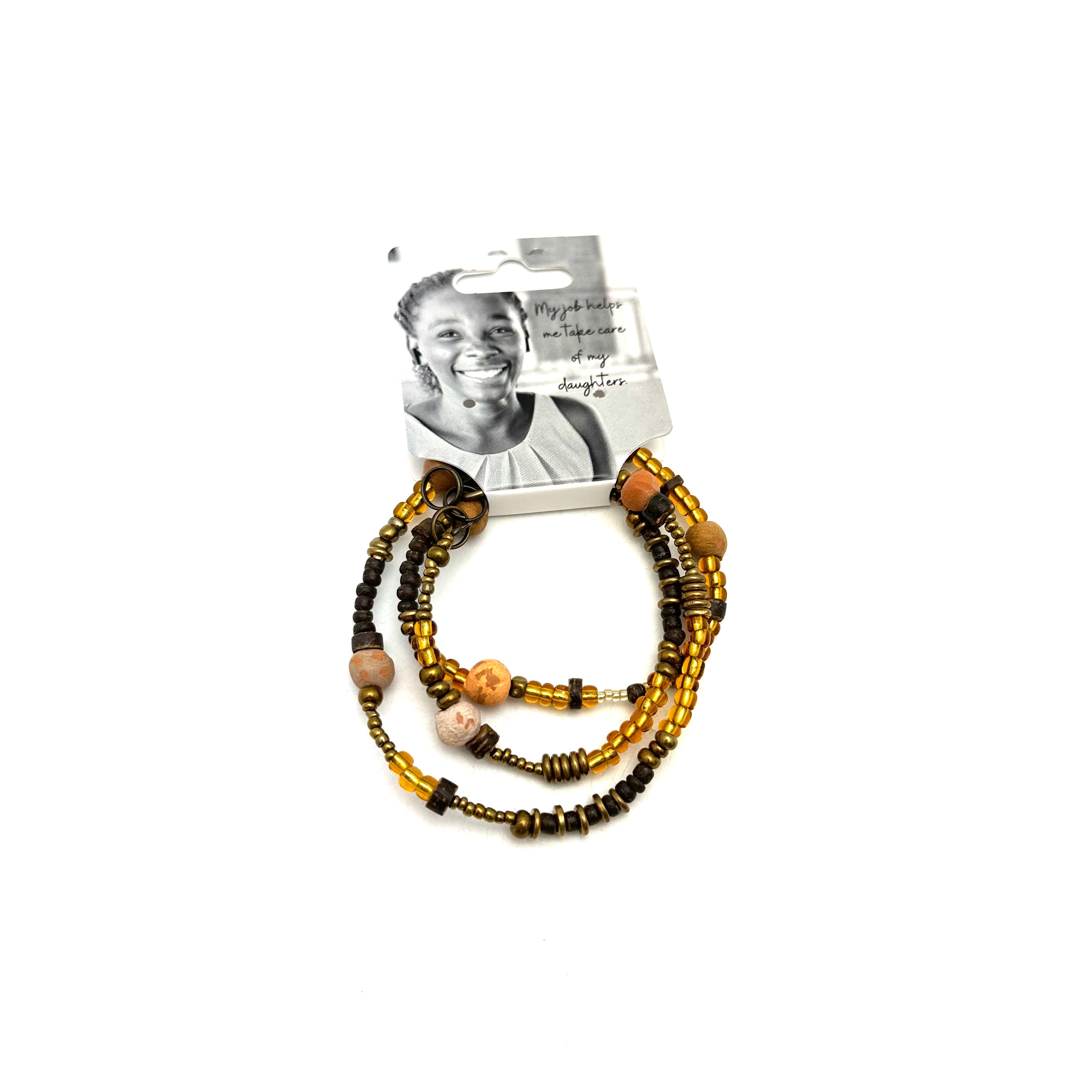 Boho wrap bracelet with tan Haitian ceramic beads and multicolor glass beads - handmade convertible duo-purpose jewelry by Papillon Marketplace