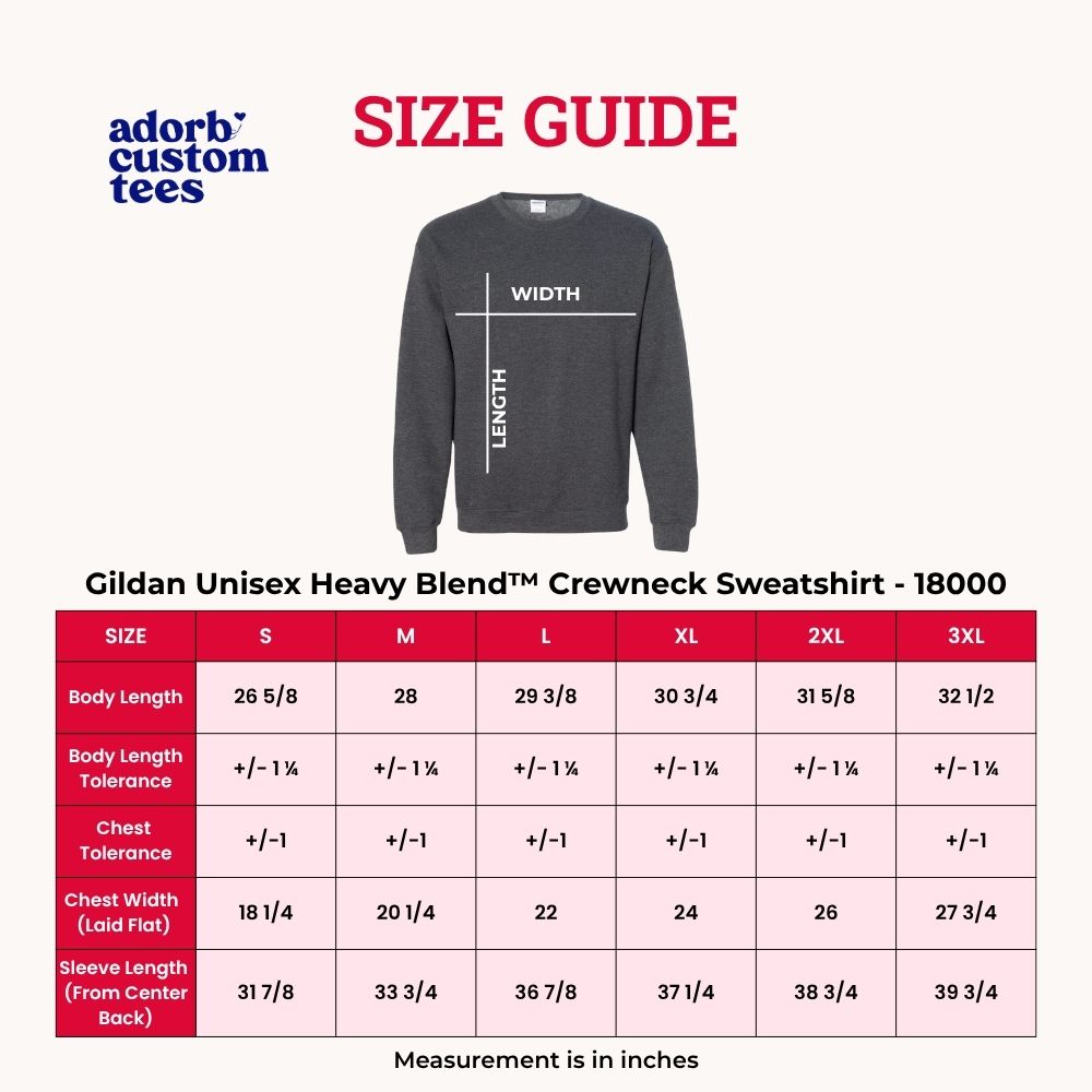 Size guide for Gildan Unisex Heavy Blend Crewneck Sweatshirt with gray sweatshirt on white background