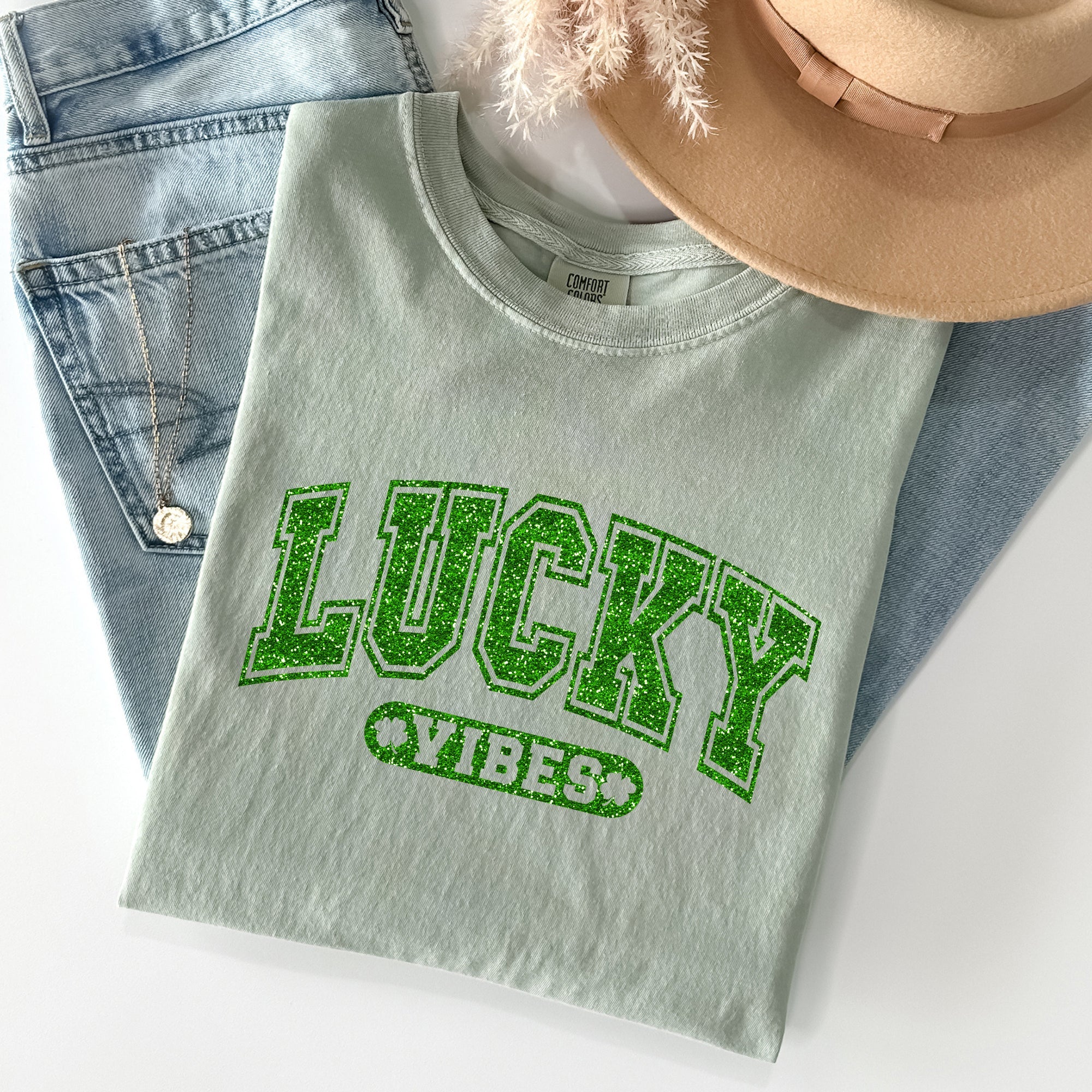 Lucky Vibes St. Patrick's Day t-shirt in Bay light green with sparkly text - retro vintage unisex Comfort Colors shirt
