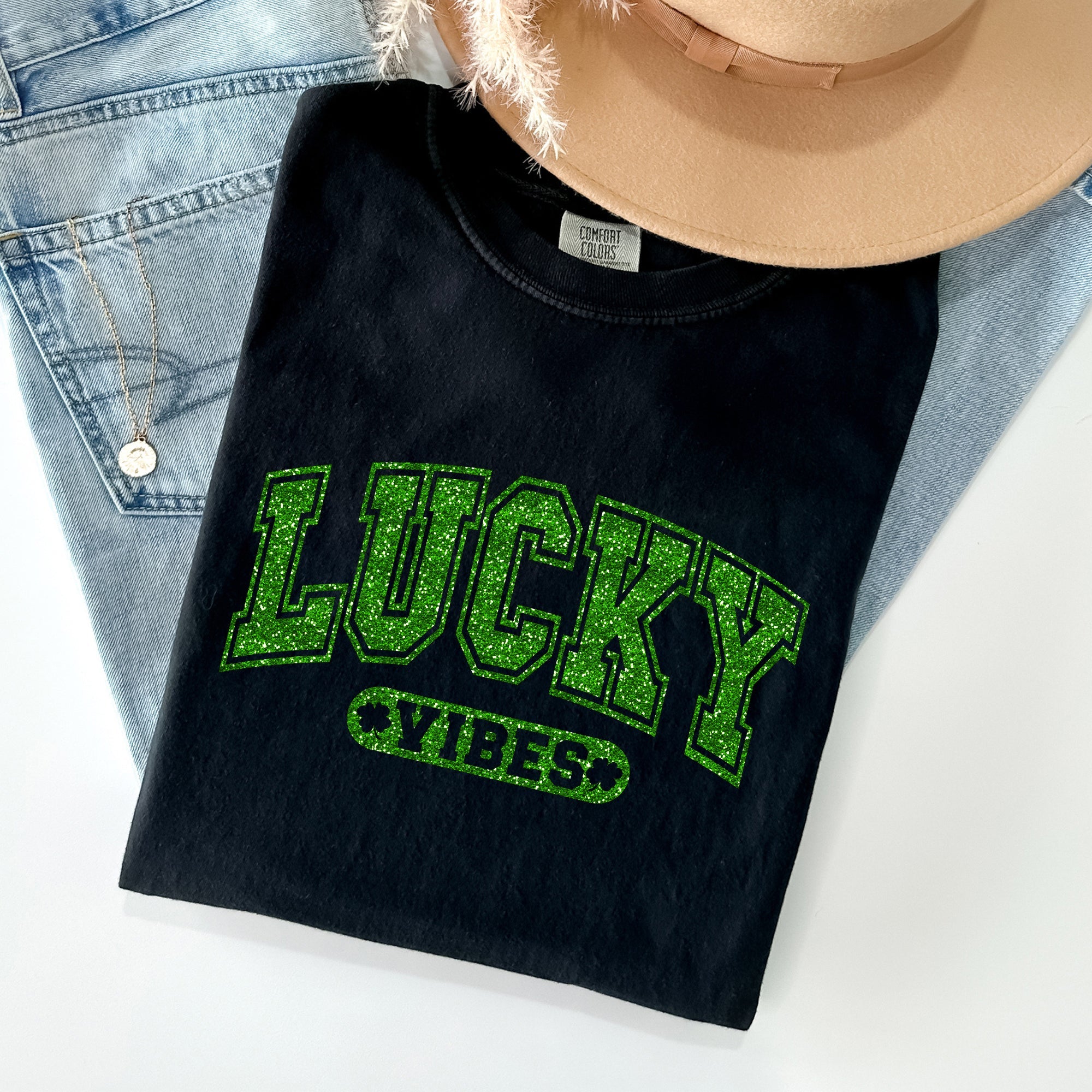 Lucky Vibes St. Patrick's Day t-shirt in Black with sparkly green glitter text - vintage style Comfort Colors unisex tee