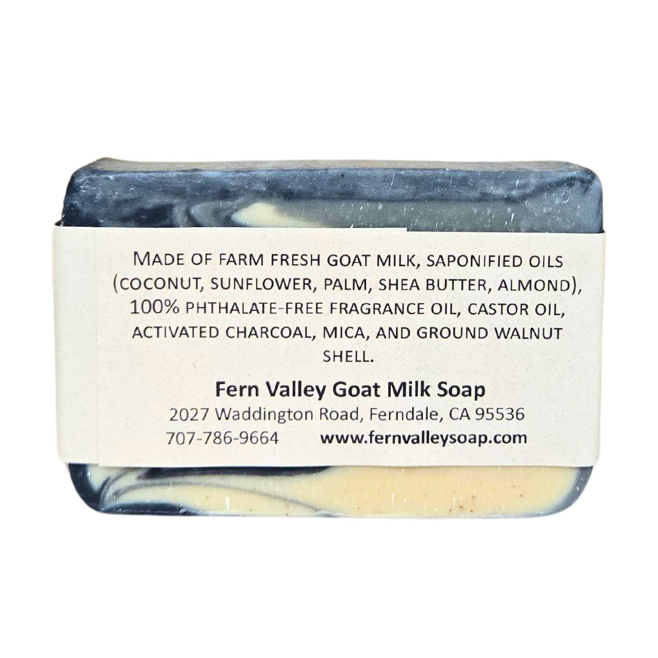 Back of Fern Valley Goat Milk Soap Knight label showing ingredients and vendor contact information on white background