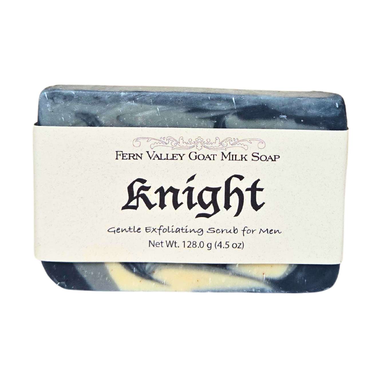 Bar of Natural Goat Milk Soap Knight with Fern Valley label on white background