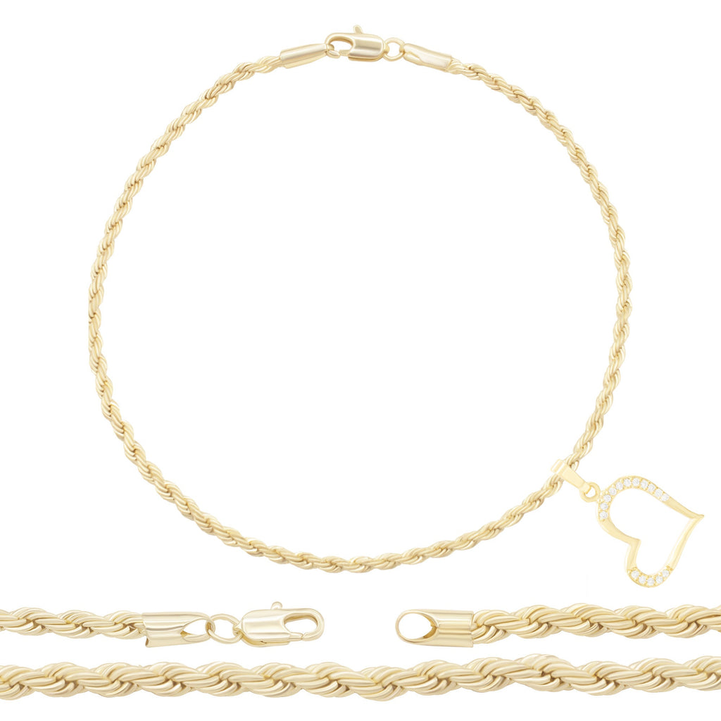 Gold rope chain anklet with crystal heart charm, showing lobster claw closure on a white background