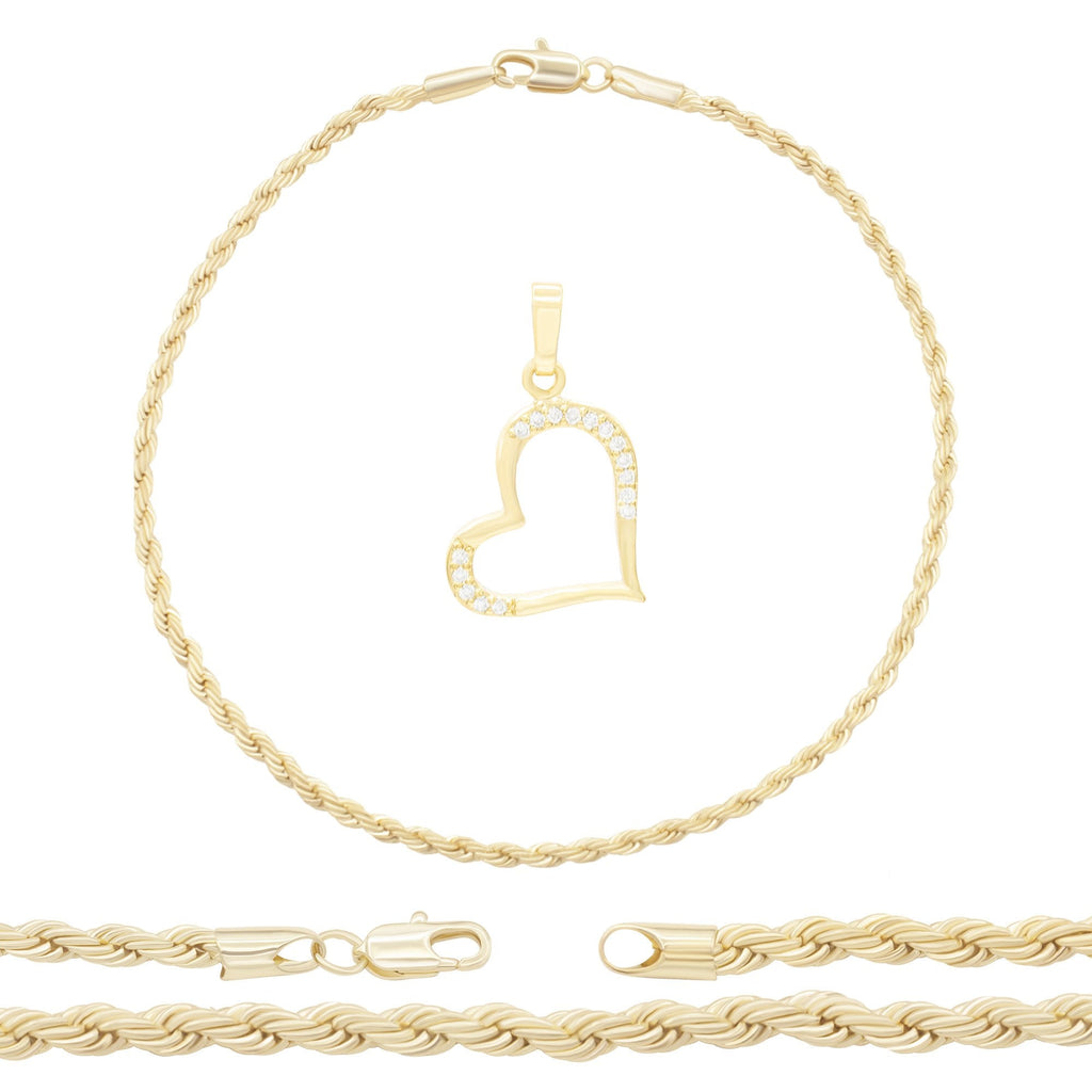 Gold anklet showing detached heart-shaped crystal heart pendant on a white background