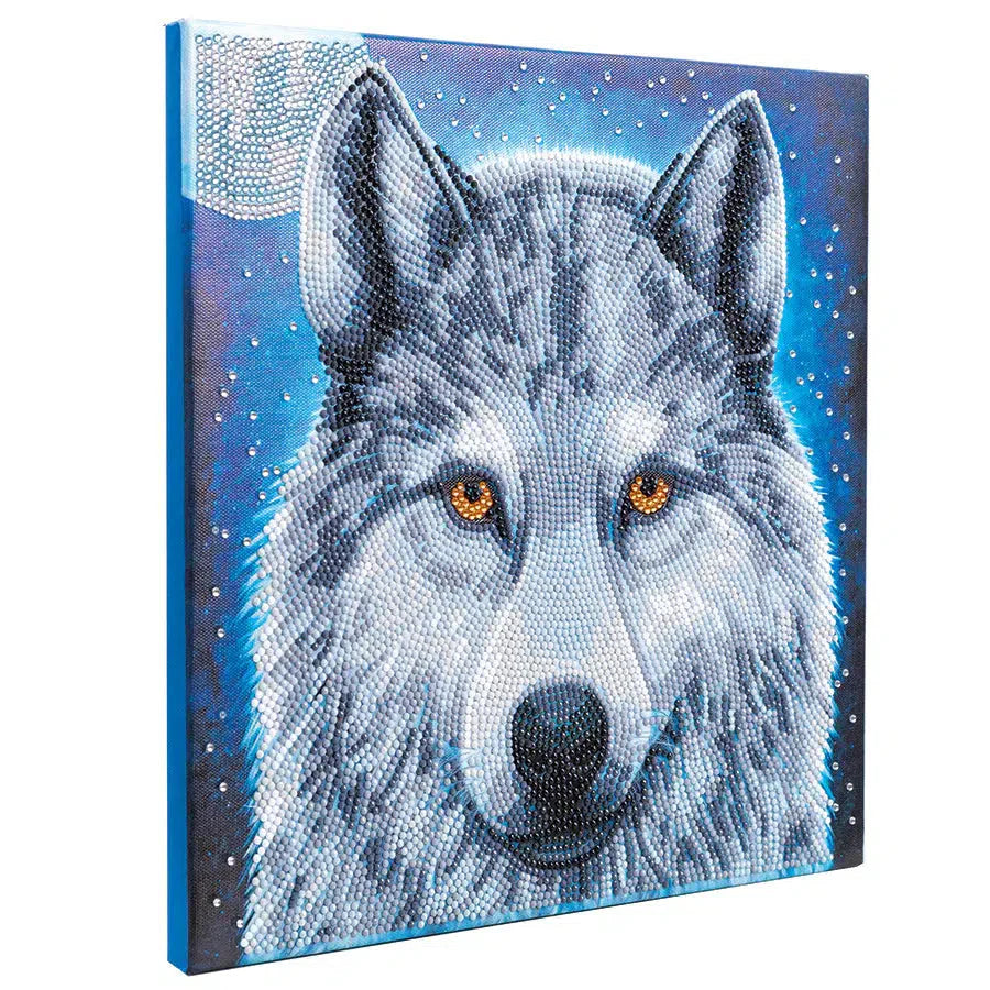 Midnight Wolf Crystal Art Framed Canvas Kit stretched canvas diamond painting of wolf with blue background 11.8x11.8 inch