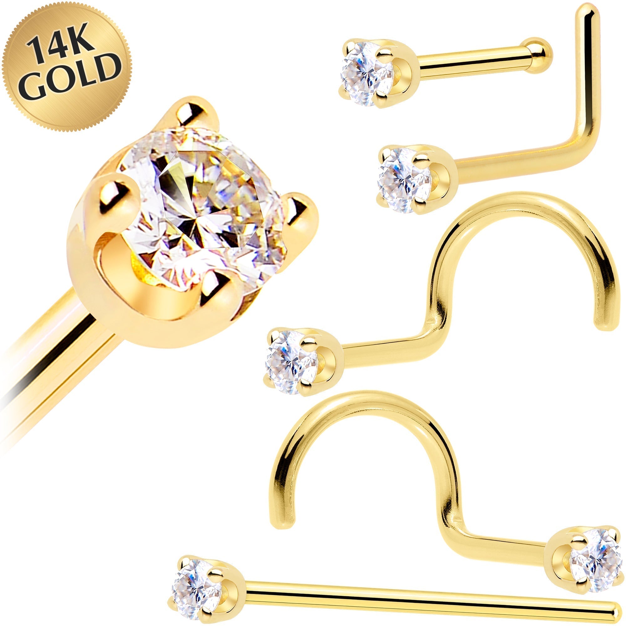 14k yellow gold nose rings with lab-grown diamond in various styles - L-shape, bone, left and right nostril options - ethical body jewelry by BodyCandy