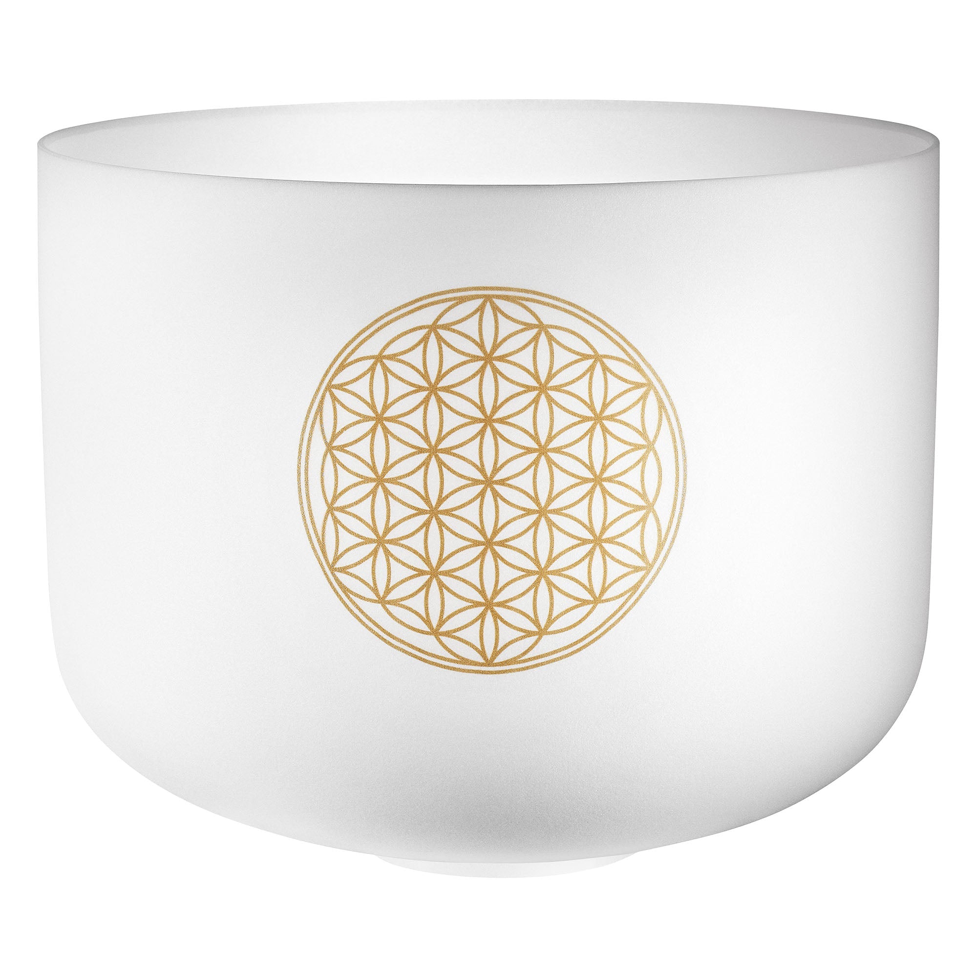 16 inch white frosted crystal singing bowl with gold Flower of Life sacred geometry pattern on white background