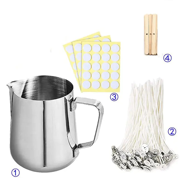 Candle Tool Kit 02 - Collection of items including stainless steel pitcher, wooden sticks, labels, wicks and wooden wick holders on white background