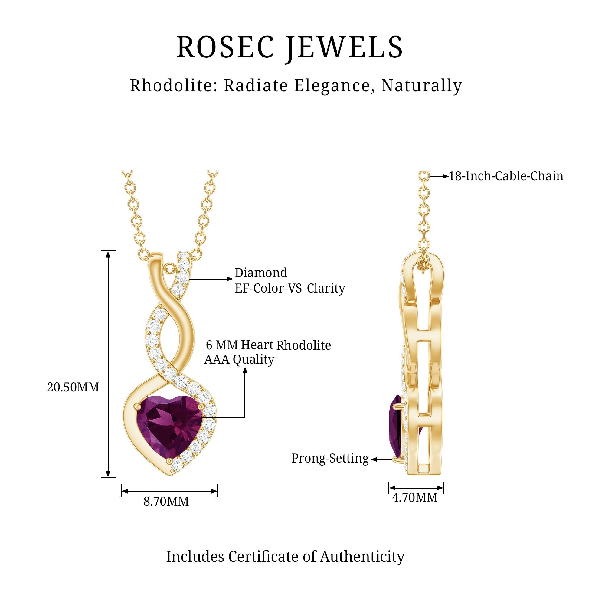 1 Carat Rhodolite Heart Infinity Necklace with Lab Grown Diamonds - Valentine's Day Gift