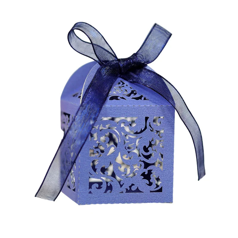 Dark Blue Flower Vine Decorative Box with cut-out pattern and dark blue ribbon bow