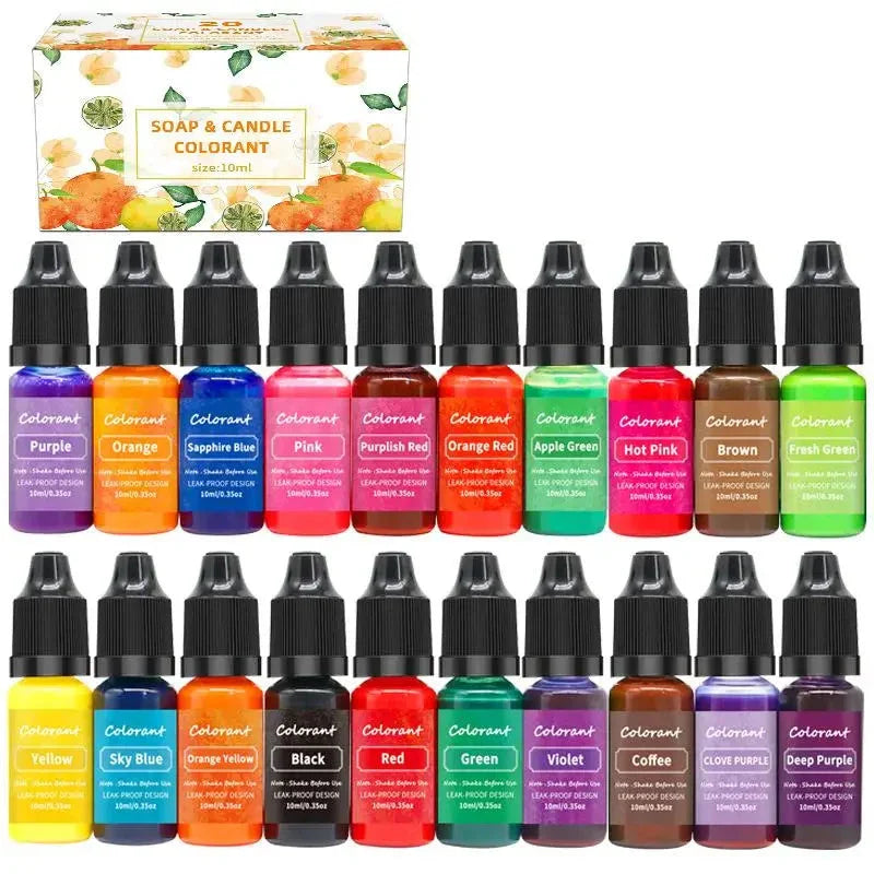 Set of 24 colorant bottles with a box labeled 'Soap & Candle Colorant' on a white background.