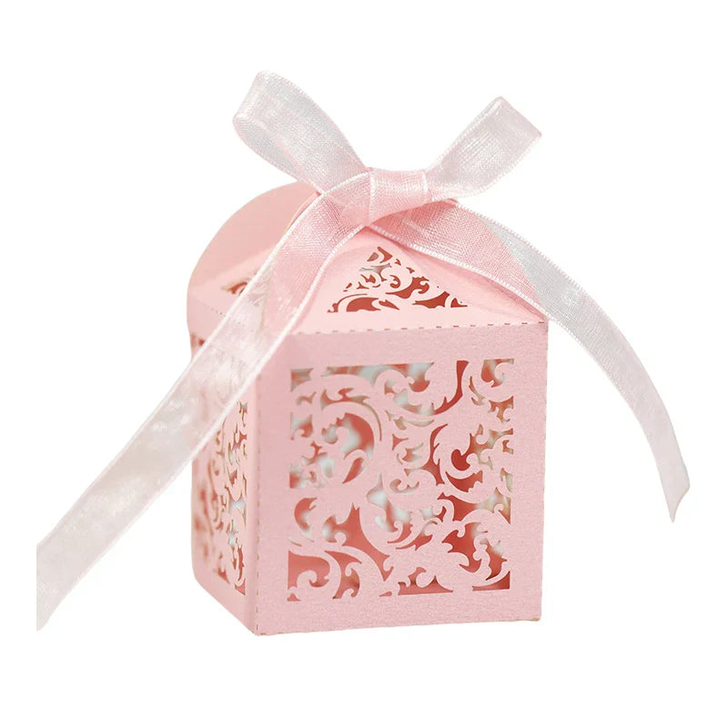 Pink Flower Vine Decorative Box with cut-out pattern and light pink ribbon for handcrafted gifts