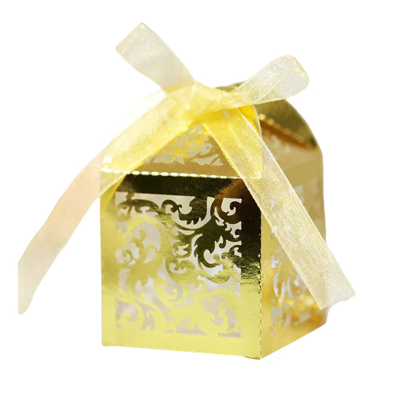 Reflective Gold Flower Vine Decorative Box with cut-out pattern and yellow ribbon bow