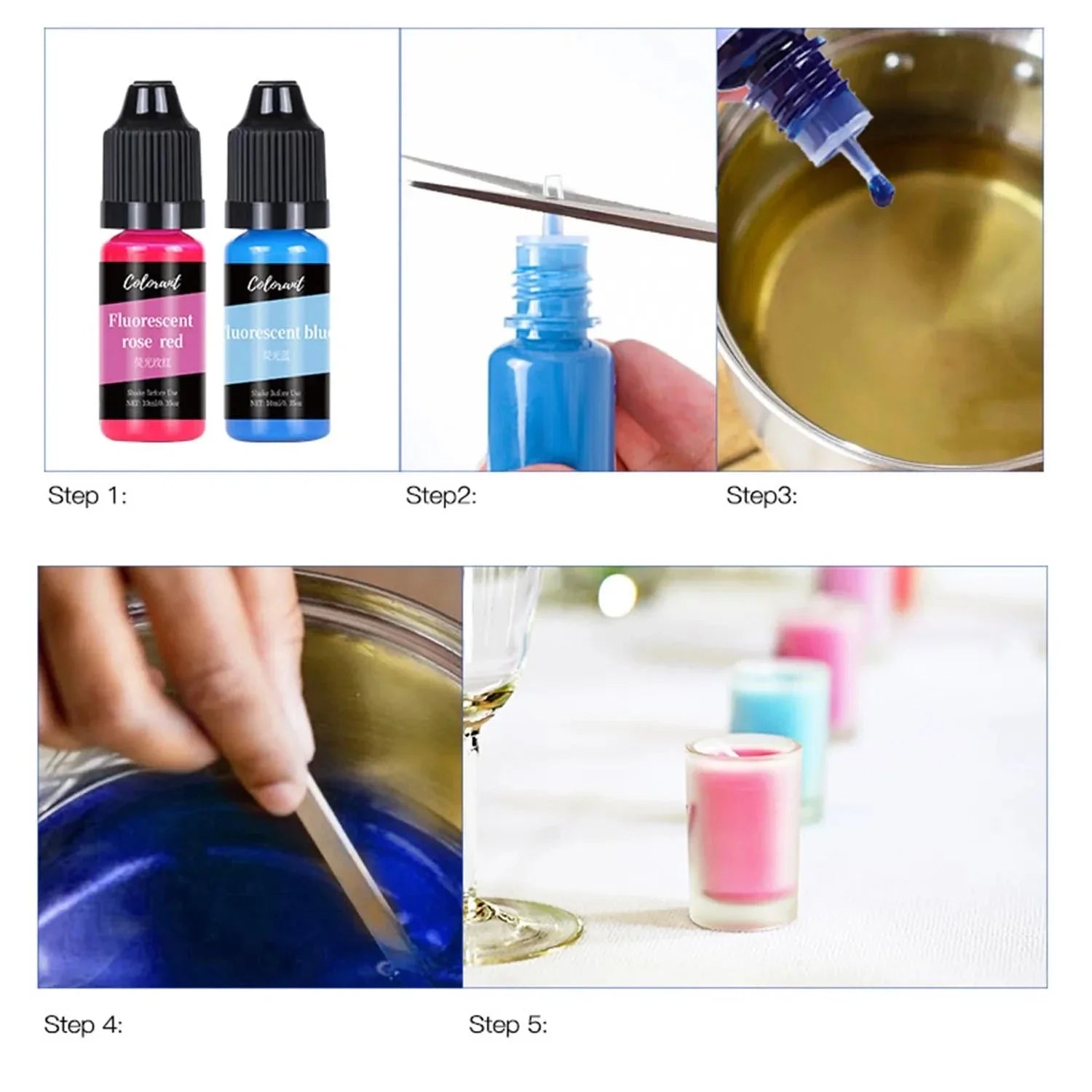 Step-by-step guide on using colored liquid dyes with bottles and mixing them.