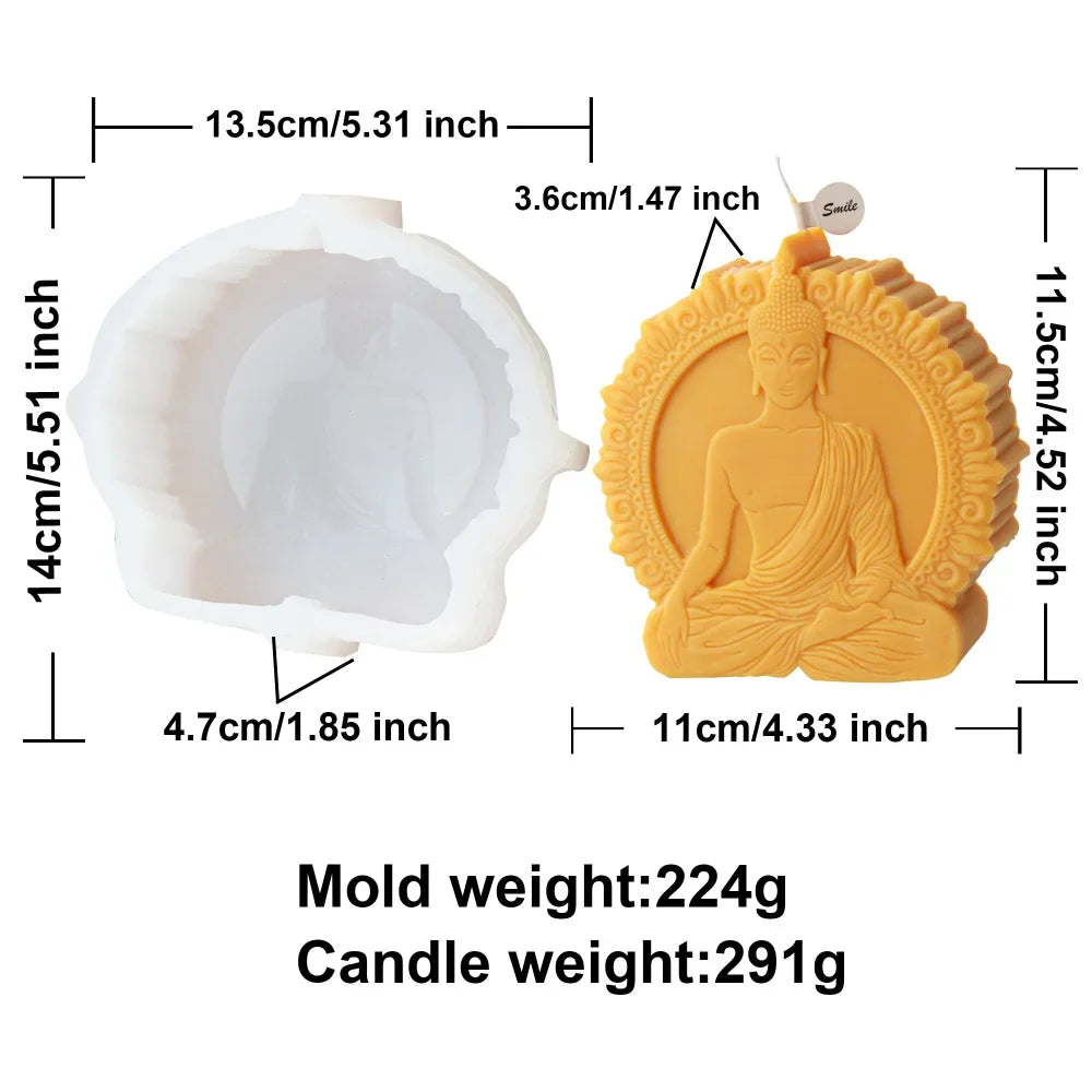 Silicone mold shaped like Buddha figure with measurements and weight details on white background - candle mold specifications