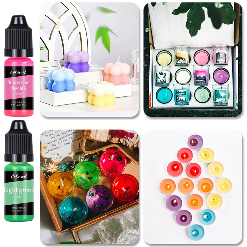 Collage of colorful candles and candle-making supplies with a focus on color and packaging.