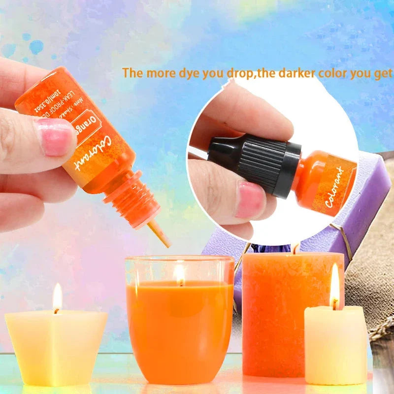 Bright orange colorant bottle being used to dye candles with a colorful background and text.