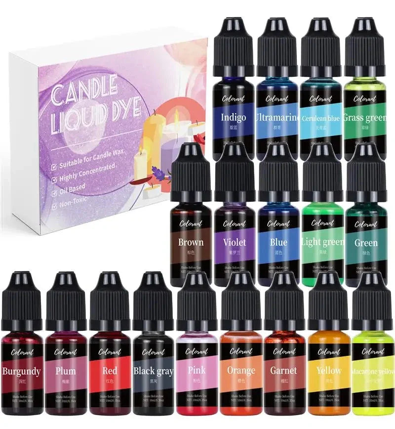 Set of candle colorful liquid dye bottles with a display box in the background