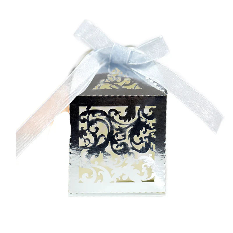 Reflective Silver Flower Vine Decorative Box with intricate cut-out design and white ribbon