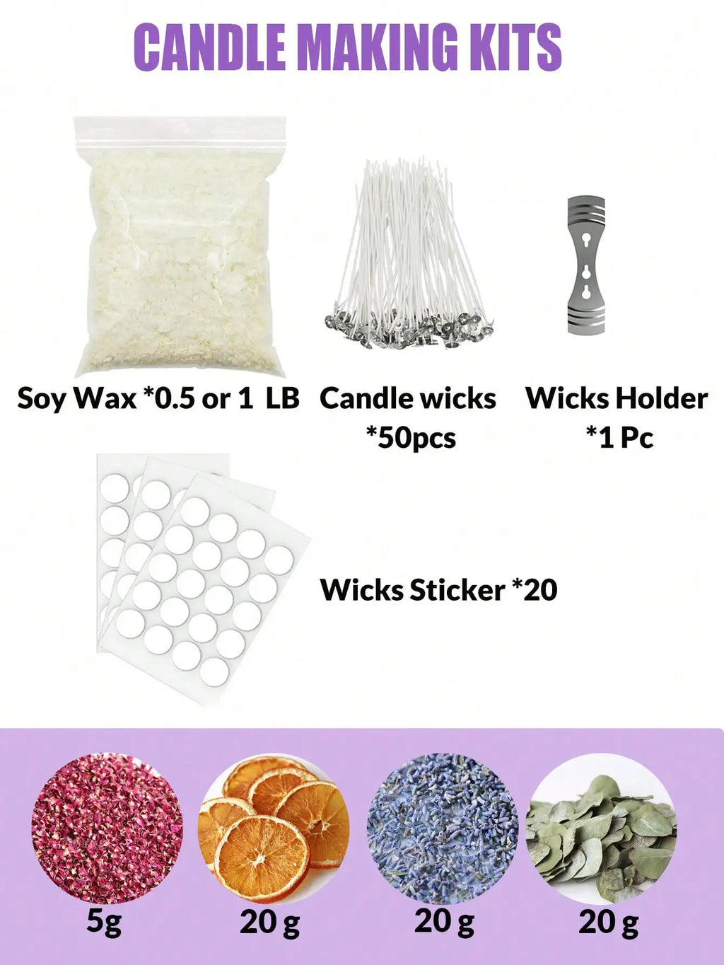 0.5LB Candle Making Kit Supplies - Soy Wax DIY Kit with Wicks, Fragrance & Dried Flowers