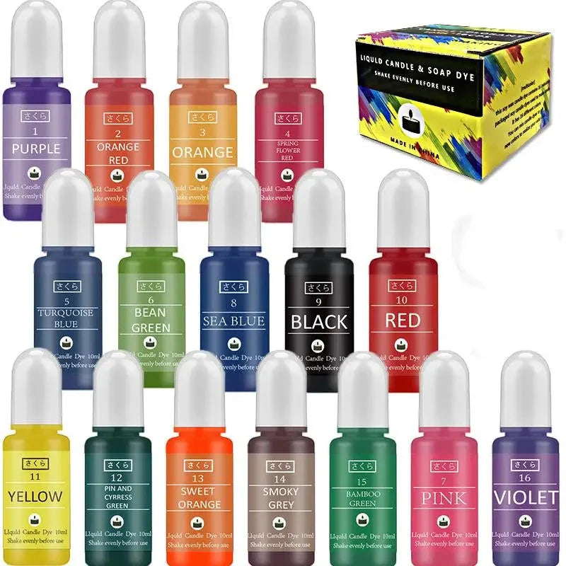 Set of 16 bottles of liquid candle and soap dye with a box in the background.