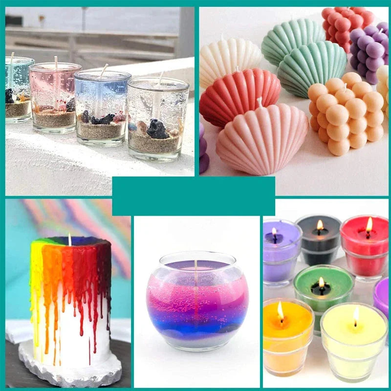 Collage of various colorful candles and candle holders on a variety of surfaces.