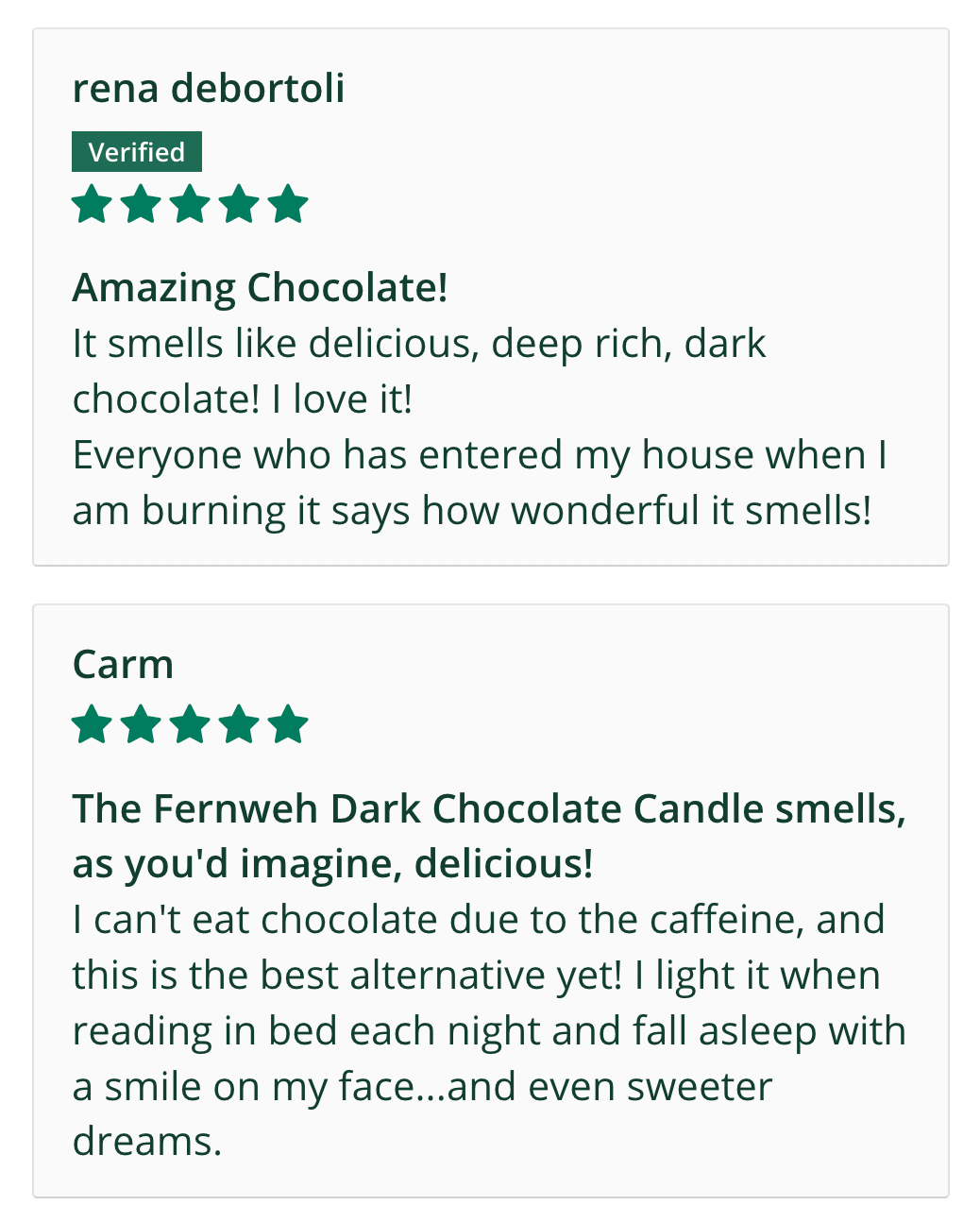 Product reviews for Fernweh Dark Chocolate scented candle on white background