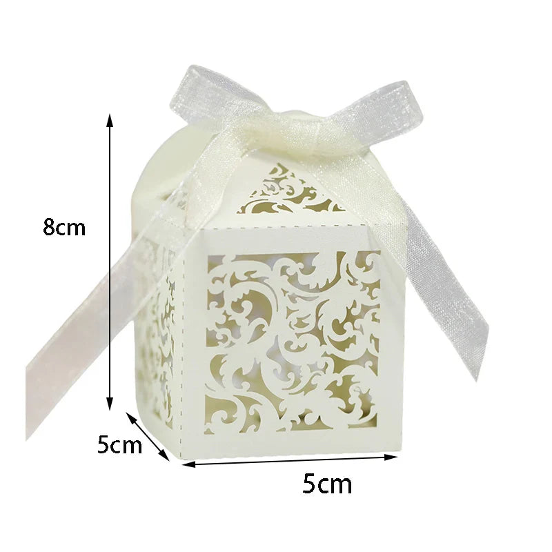Ivory Flower Vine Decorative Box with measurements 5x5x8cm showing cut-out pattern and ribbon