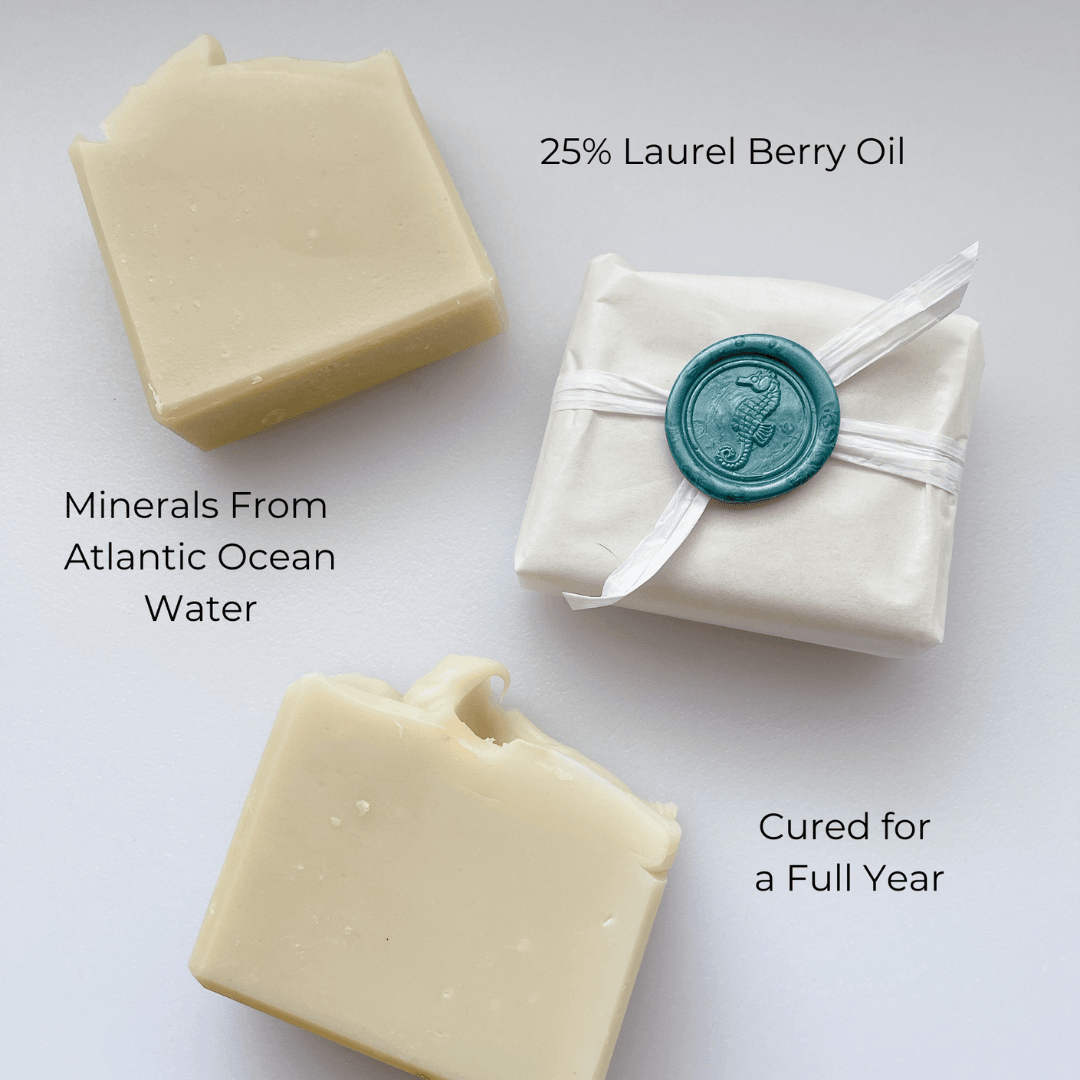 Three bars of Artisanal Aleppo Style Soap with text describing ingredients and curing time on white background