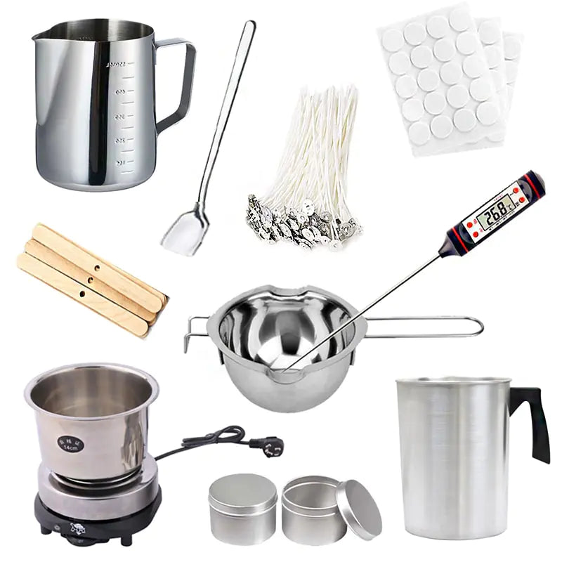 Collection of candle making tools including stainless steel wax melting pitcher with spatula, wooden wick holders and stir sticks, thermometer, two metal tin holders with lids, and electric hot plate on white background