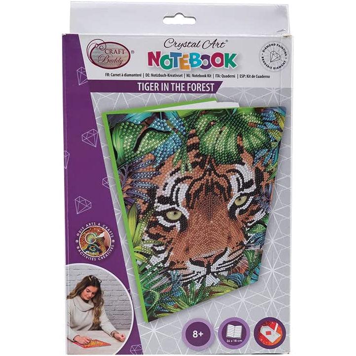 Tiger in the Forest Crystal Art Notebook Kit by Craft Buddy packaging with purple border showing tiger design