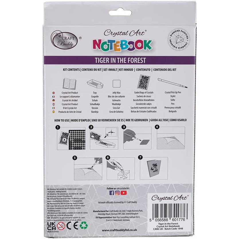 Crystal Art Notebook Kit back packaging showing contents instructions and diamond art supplies included