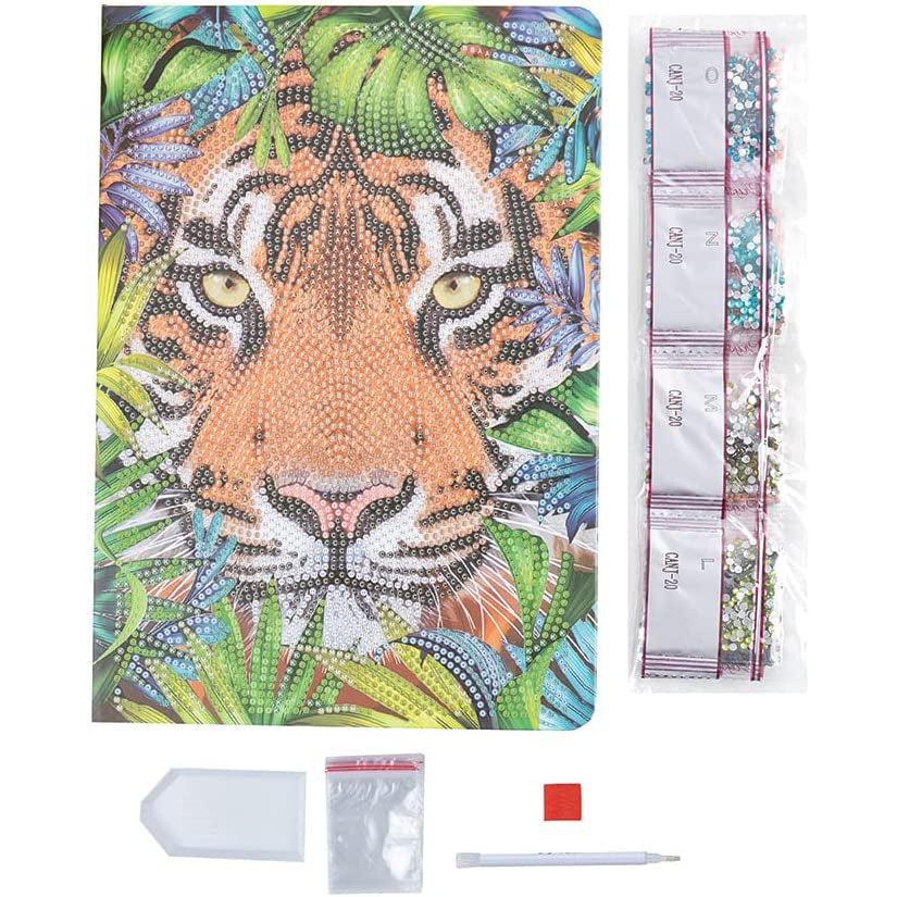 Tiger in the Forest DIY diamond painting notebook kit with gemstone packets crystal tools and lined pages