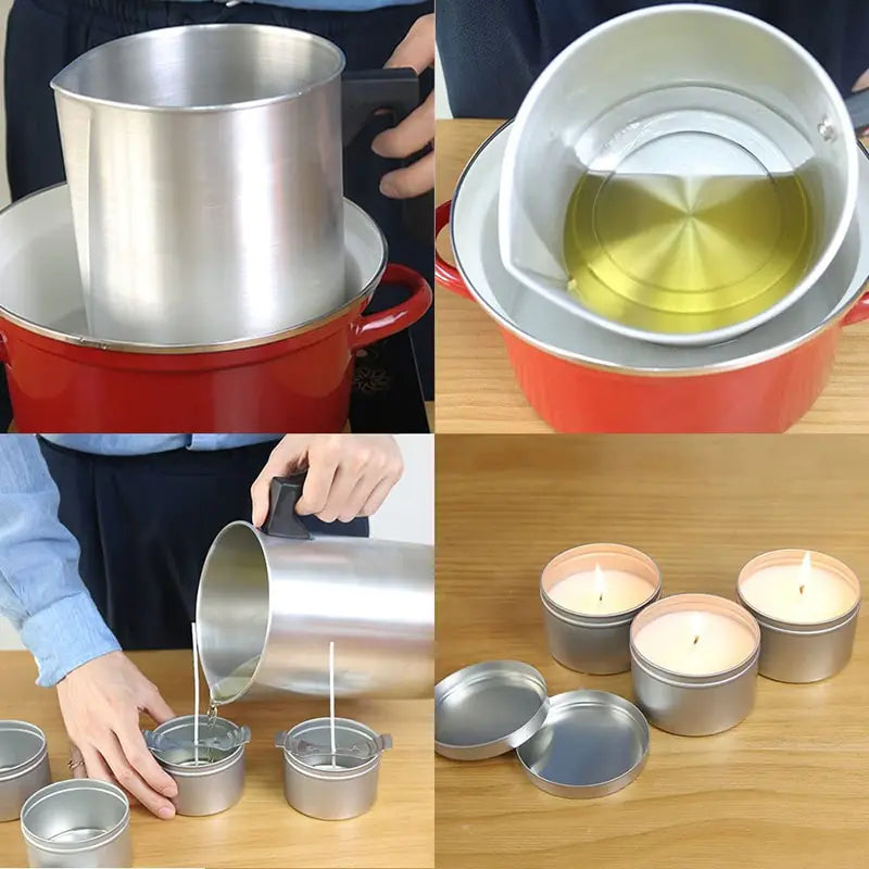 Collage of steps showing the use of metal container for making candles