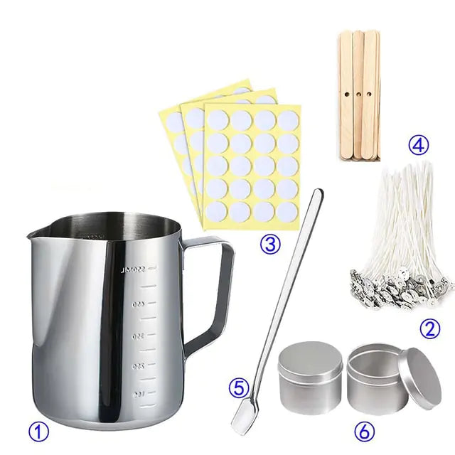 Candle Tool Kit 01 - Collection of items including stainless steel pitcher, wooden sticks, labels, wicks and wooden wick holders, spatula, two containers with lids on white background