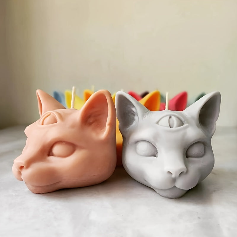 3D Three Eyed Cat Silicone Mold - Evil Cat Head Mold for Candles, Resin & Halloween Decor