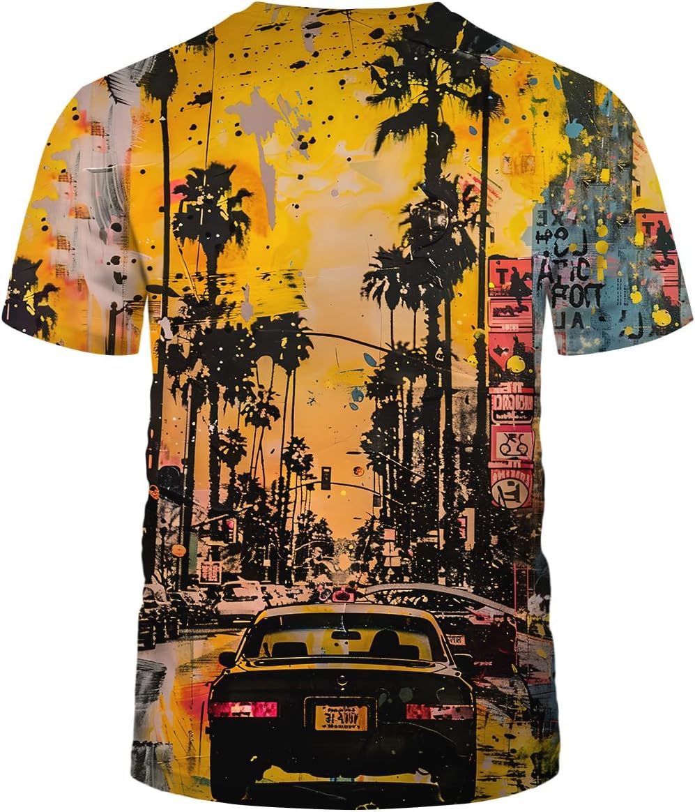 Back view of West Coast Vacation graphic t-shirt with colorful cityscape design