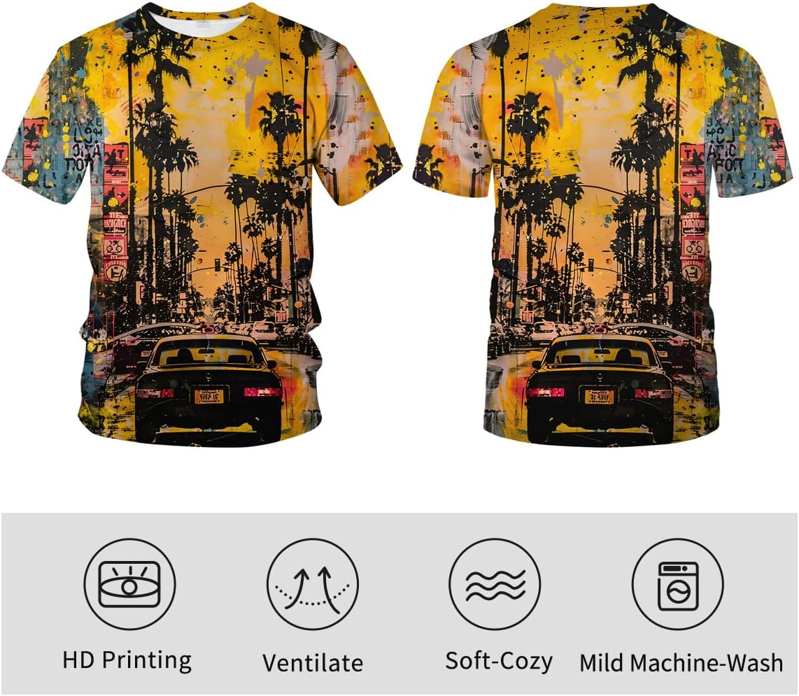 Front and back view of West Coast Vacation t-shirt showing design details and care instructions