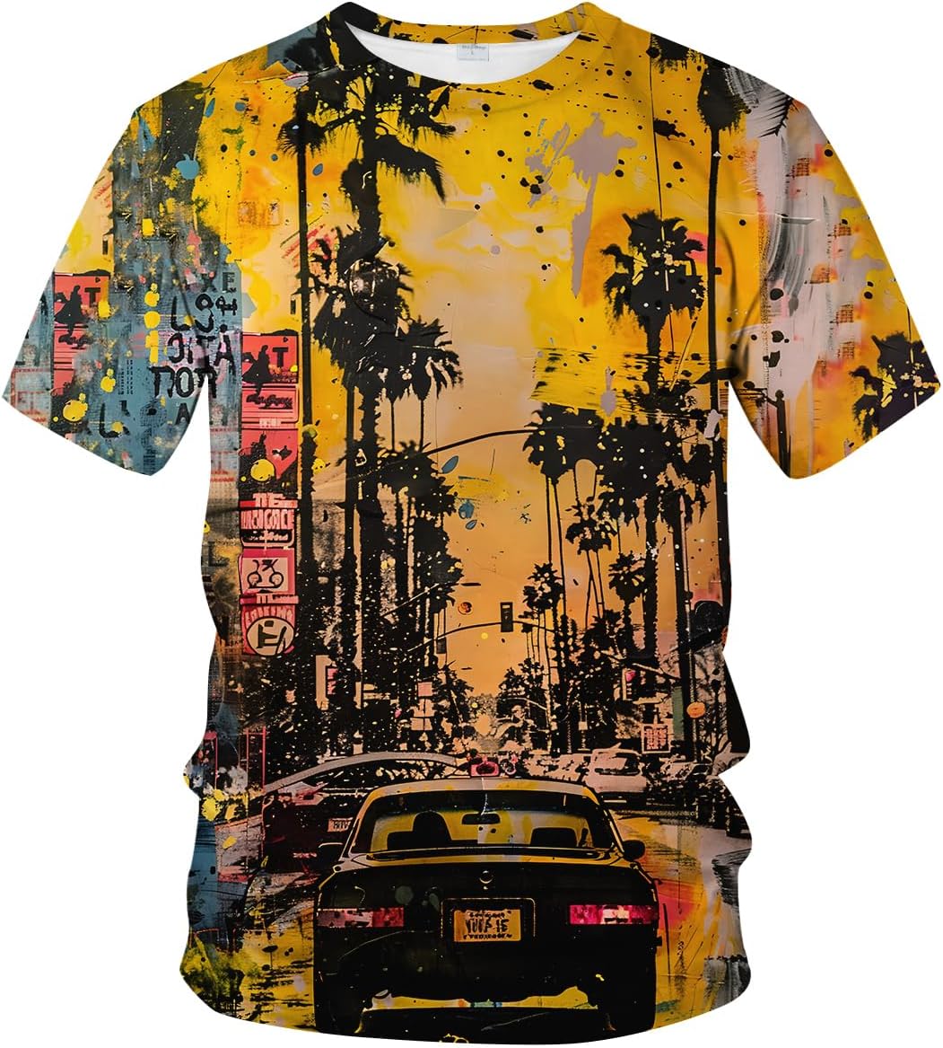 Multicolored West Coast Vacation graphic t-shirt with cityscape featuring palm trees and car design
