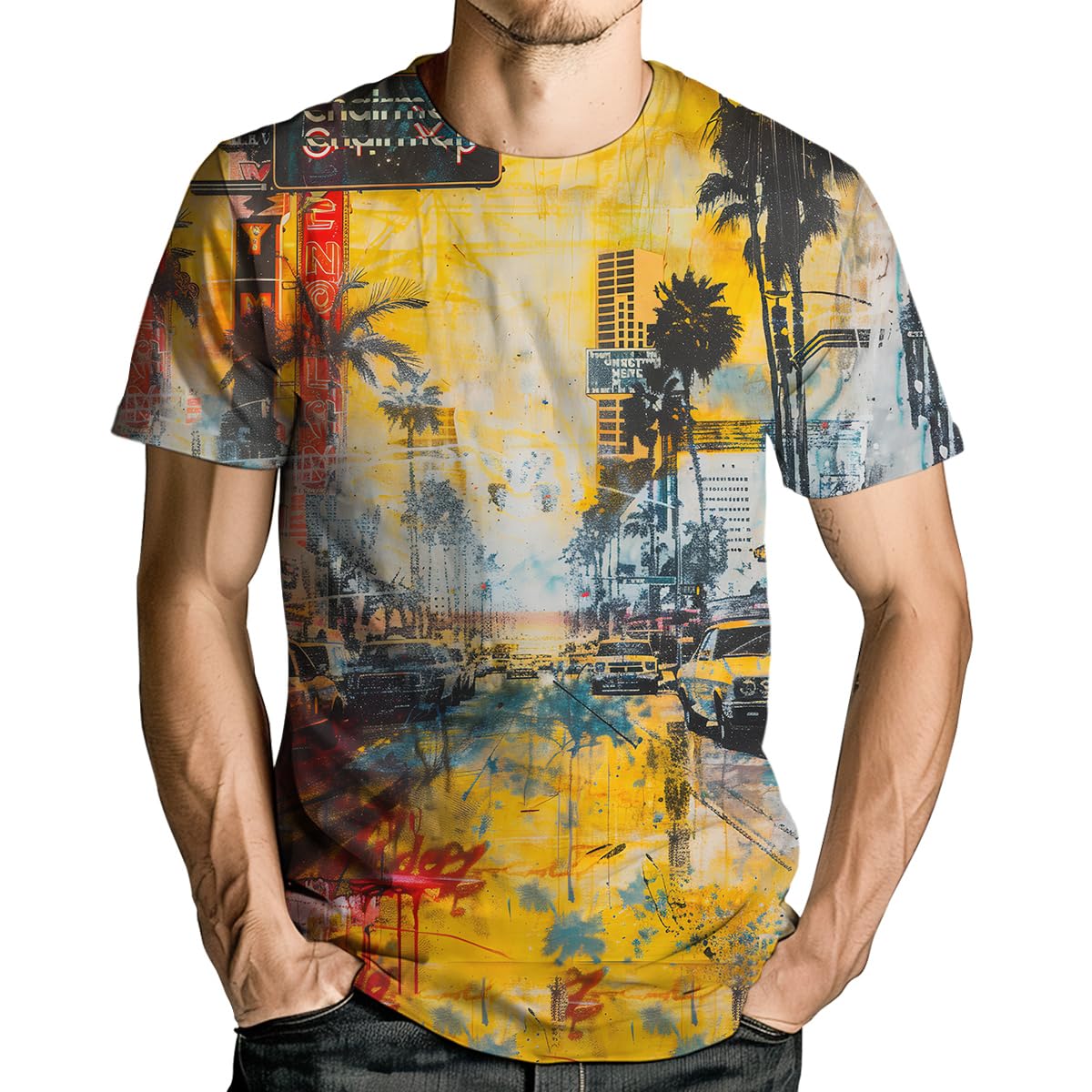 Multicolored Retro Miami graphic t-shirt with colorful cityscape featuring palm trees and buildings