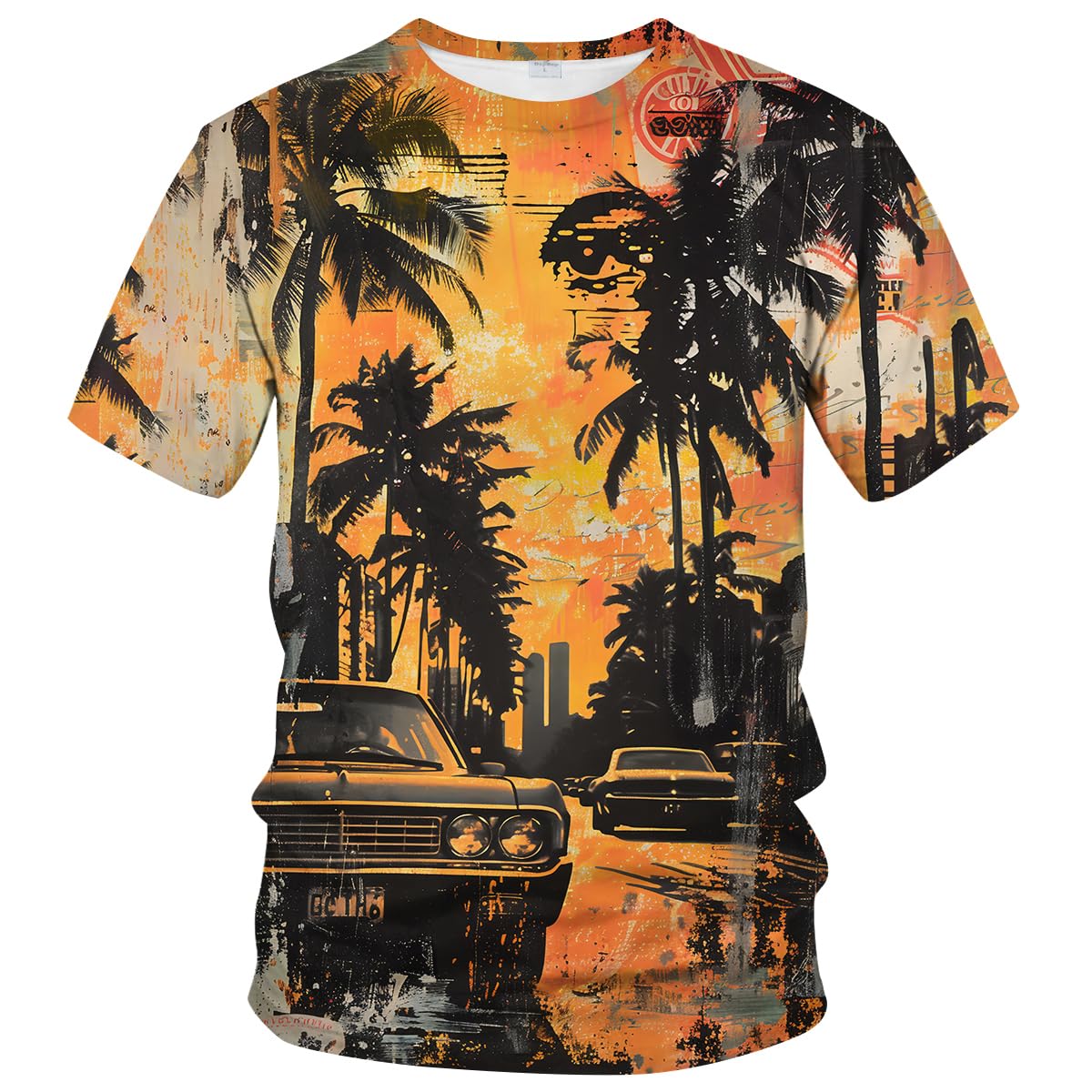 Multicolored West Coast Vacation t-shirt with palm tree and vintage car street art design
