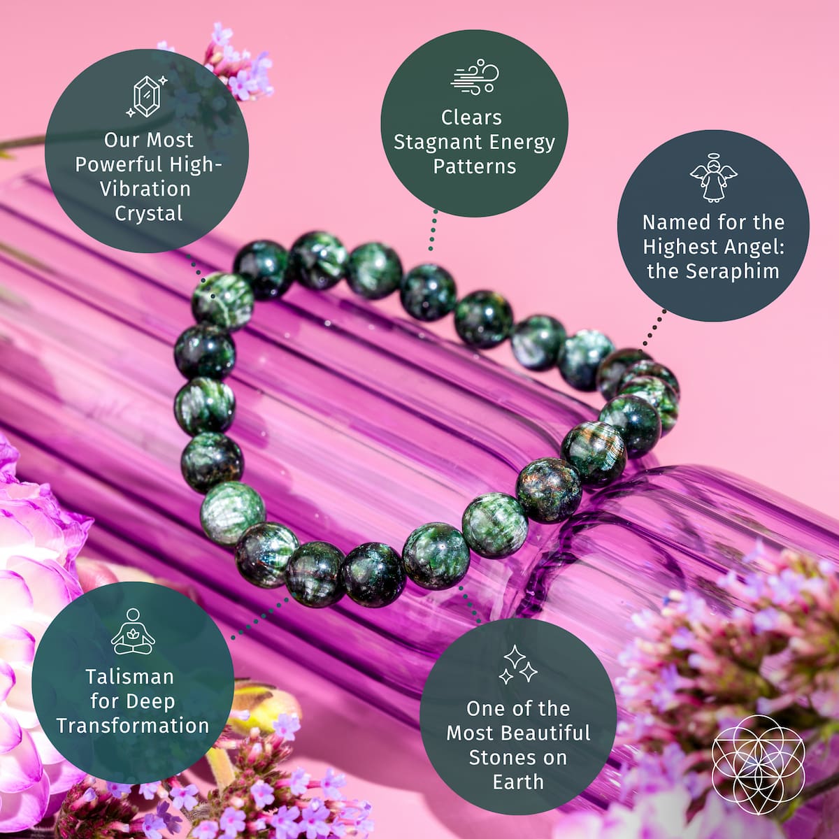 Green seraphinite beaded bracelet on pink background with product properties - healing crystal bracelet