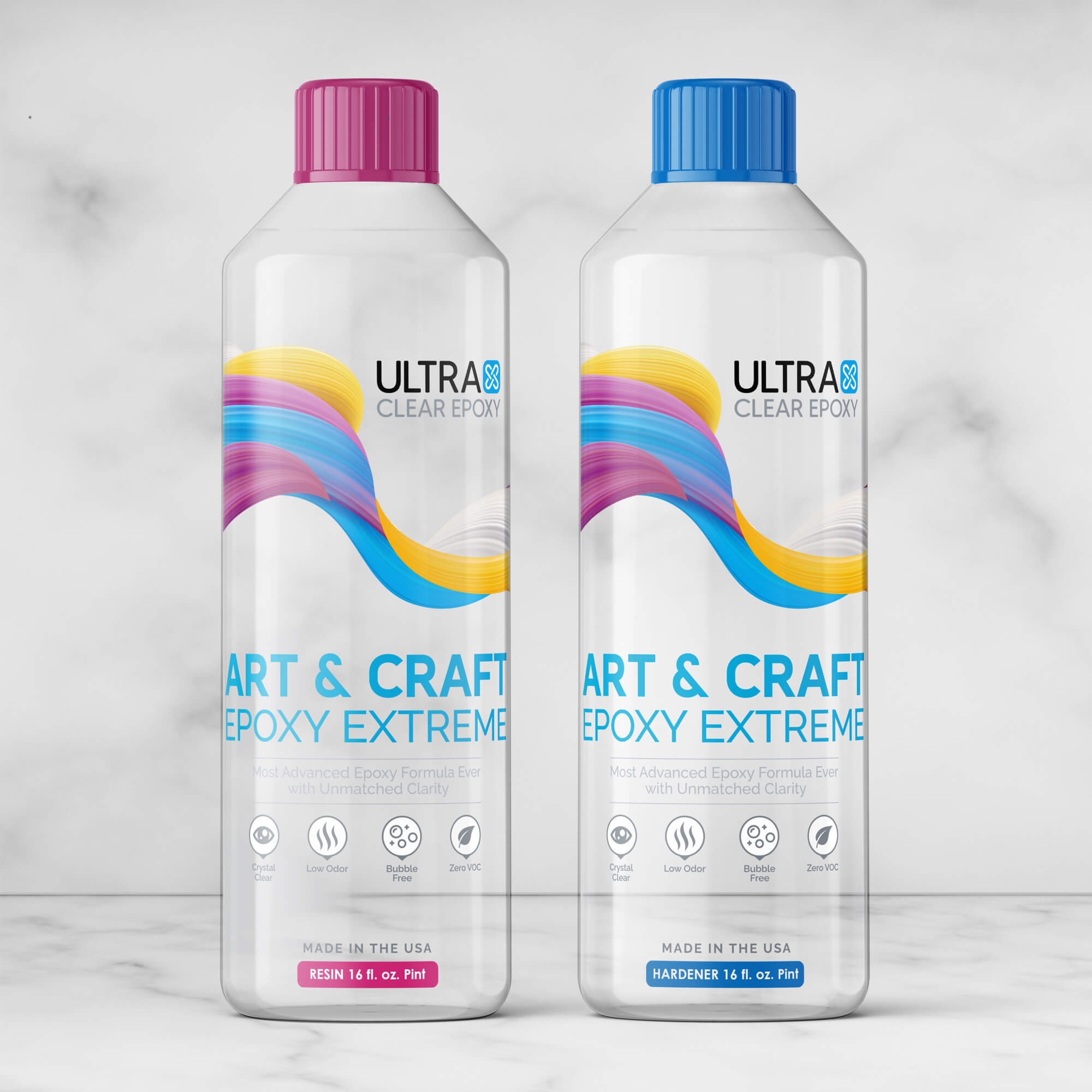 Two clear bottles of Ultra Clear Epoxy resin, one with a pink cap and one with a blue cap with a white background.