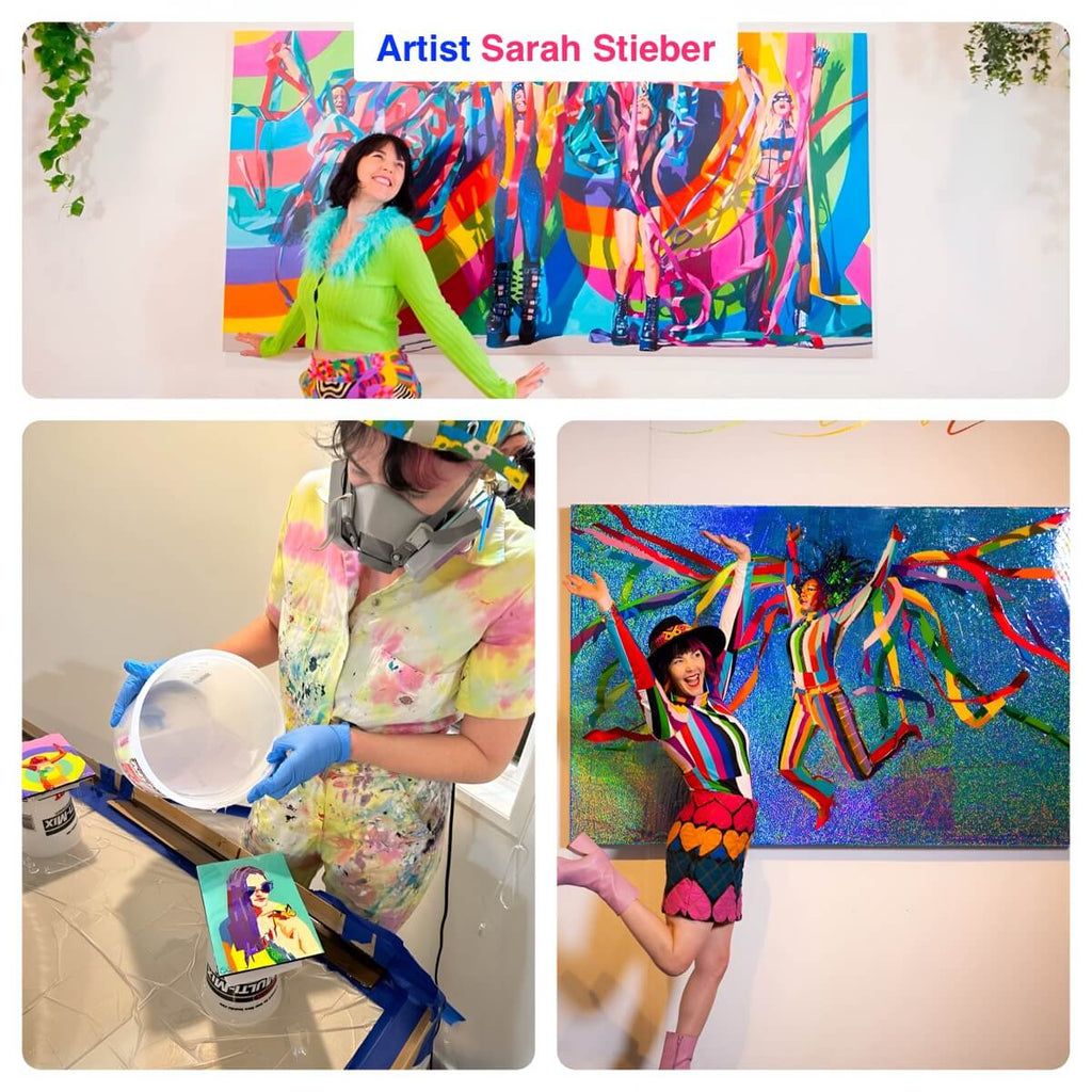 Artist Sarah Stieber with her vibrant epoxy resin artwork featuring a dancer in colorful abstract design