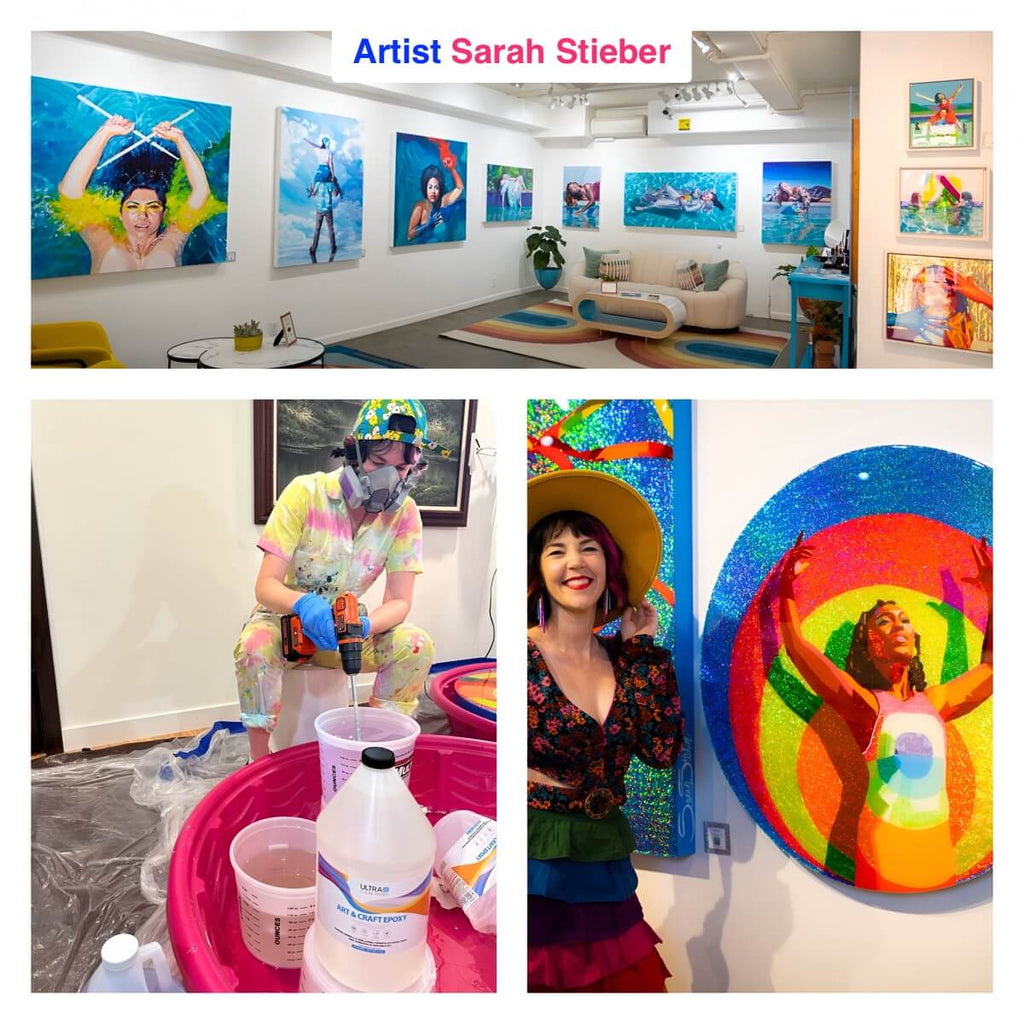 Collage of images featuring artist Sarah Stieber in her studio and with her artwork.